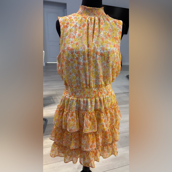 1. STATE Mini Dress Floral Smocked Tiered Ruffle Sleeveless Mock Neck #620 - Picture 2 of 5